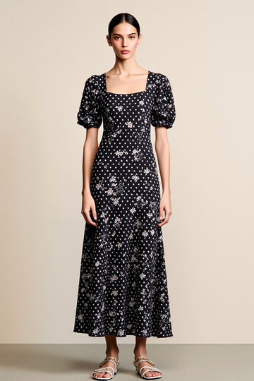 Black Polka Dots Floral Square Neck A Line Wedding Guest Dress